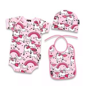 Six Bunnies Unicorn Rainbow Baby Gift Set Onesie Bib Hat Pink Infant Outfit NWT